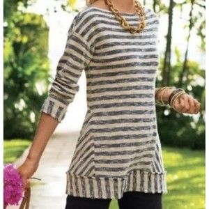 Soft Surroundings Womens 1X Marina Pullover Tunic Top Raw Edge Stripe Tan Blue